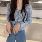 Long-sleeve Plaid Button Knit Top