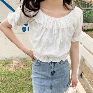Short-sleeve Tie Accent Ruffle Trim Perforated Blouse