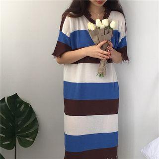 Striped Distressed Short-sleeve Knit Dress