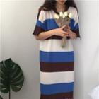 Striped Distressed Short-sleeve Knit Dress