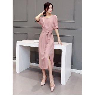 Elbow-sleeve Slit-side Bow-tied Midi Dress