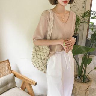 V-neck Relaxed-fit Sheer Knit Top