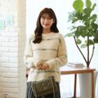 Piped Glittered Furry Rib-knit Sweater