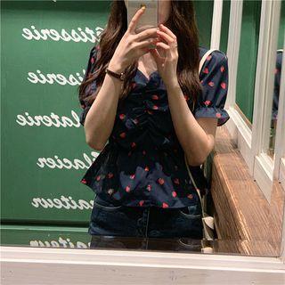 Strawberry Print Short-sleeve Chiffon Blouse As Shown In Figure - One Size