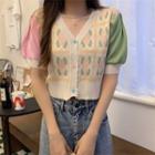 Short-sleeve Button-up Knit Top Pink & White & Green - One Size