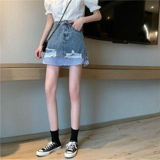 Striped Panel Distressed Mini A-line Denim Skirt