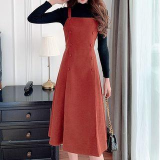 Set: Mock-neck Knit Top + Midi A-line Overall Dress