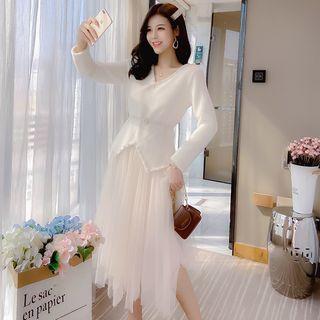Set: V-neck Beaded Knit Top + Mesh A-line Skirt