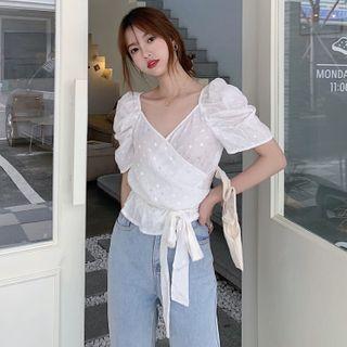 Short-sleeve Dotted Wrap Cropped Blouse White - One Size