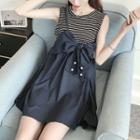 Mock-two Piece Striped Bow-accent Dress