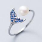 925 Sterling Silver Faux Pearl & Rhinestone Mermaid Open Ring Silver - One Size