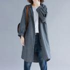 Long-sleeve Checker Hooded Buttoned Long Jacket Black - One Size