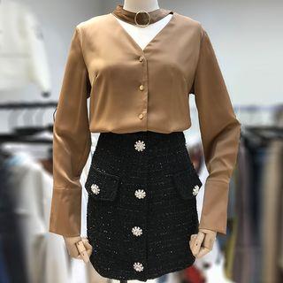 Set: V-neck Chiffon Top + High Waist Straight-fit Skirt