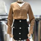 Set: V-neck Chiffon Top + High Waist Straight-fit Skirt