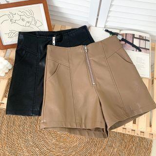 Zipper High-waist Faux-leather Shorts