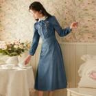 Floral Embroidered Collared Long-sleeve Dress
