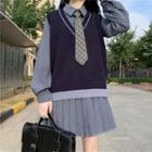 V-neck Knit Vest + Pleated Mini Skirt