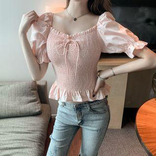 Bow-detail Puff Sleeve Smocked Cropped Top