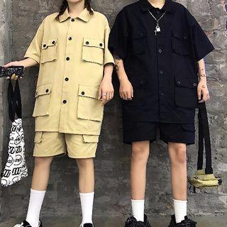 Couple Matching Pocket Detail Elbow-sleeve Shirt / Shorts