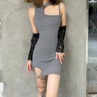 Set: Sleeveless Pattern Mini Bodycon Qipao Dress + Lace Arm Sleeves