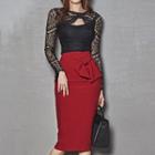 Set: Long-sleeve Lace Top + Midi Sheath Skirt