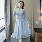 Set: Tie Back 3/4-sleeve Knit Top + Mesh A-line Dress