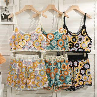 Set: Embroidered Loose-fit Cropped Top + Shorts