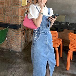 Set: Denim Midi Overall Dress + Puff-sleeve Blouse