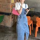 Set: Denim Midi Overall Dress + Puff-sleeve Blouse