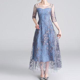 Embroidered Mesh Maxi A-line Dress