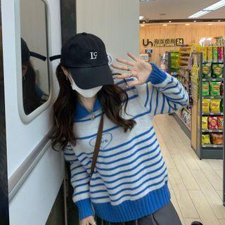 Long-sleeve Stripped Knit Sweater Stripe - Blue - One Size