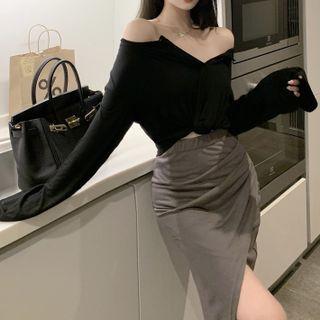 Long-sleeve Henley Top / Slit Midi Pencil Skirt