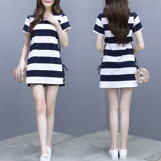 Set: Short-sleeve Striped Lace-up T-shirt + Shorts