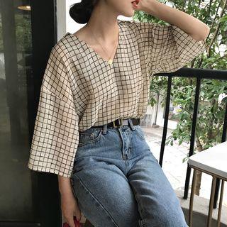 V-neck Plaid 3/4-sleeve Top