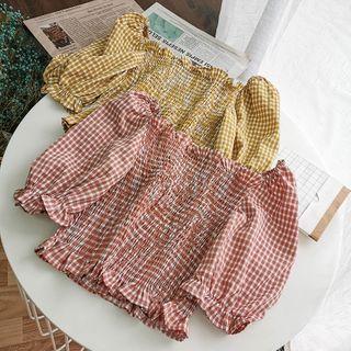 Elbow-sleeve Plaid Smocked Top