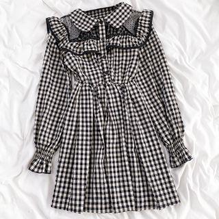 Long-sleeve Plaid Mesh Panel Ruffle Trim Dress
