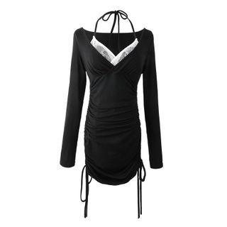 Long-sleeve Mock Two-piece Cold-shoulder Mini Dress
