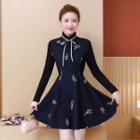 Flower Embroidered Long Sleeve A-line Dress