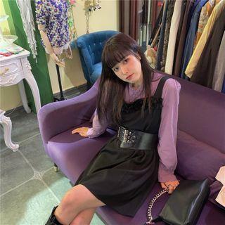 Bell-sleeve Blouse / Tie-waist Mini A-line Pinafore Dress