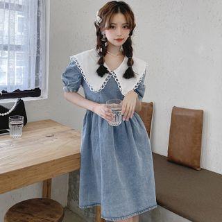 Puff-sleeve Peter Pan-collar Denim Mini A-line Dress