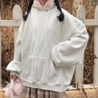 Fluffy Trim Drawstring Hoodie Beige - One Size