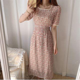 Short-sleeve Floral A-line Dress White - One Size
