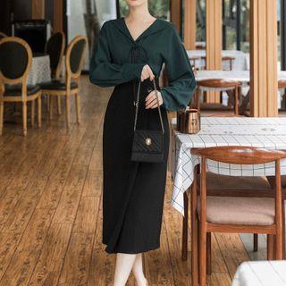 Set: Long-sleeve Sailor Collar Blouse + Midi Pencil Skirt