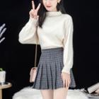 Long-sleeve Plain Turtleneck Knit Sweater White - One Size