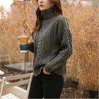 Turtle-neck Cable-knit Sweater Gray - One Size