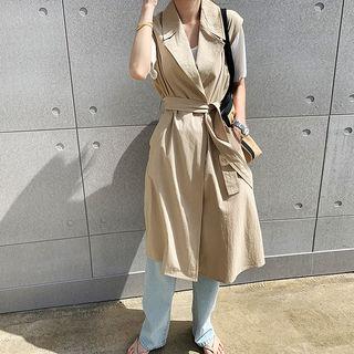 Notched-lapel Long Wrap Vest Beige - One Size