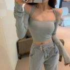Long-sleeve Halter Top Aqua Blue - One Size