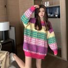 Lettering Striped Sweater Fuchsia & Blue & Yellow & White - One Size
