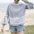 3/4-sleeve Lace Panel Striped Top