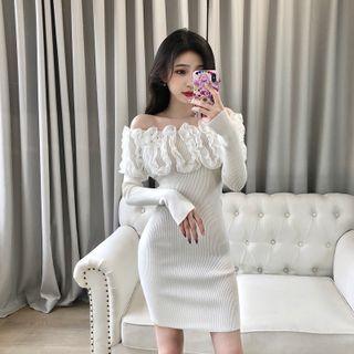 Long-sleeve Off-shoulder Ruffle Trim Knit Mini Sheath Dress